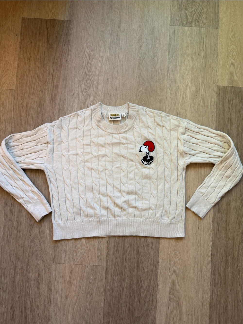 Peanuts x Aeropostale Snoopy Football Cable Knit Crewneck Sweater Cream XS